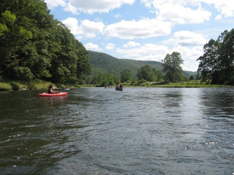 Upper Delaware river with kayaking at Equinunk Pennsylvania Wayne County in the Pocono Mountains