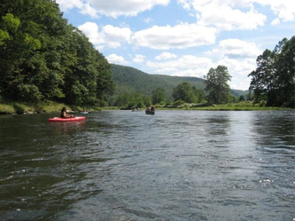 Upper Delaware river with kayaking at Equinunk Pennsylvania Wayne County in the Pocono Mountains