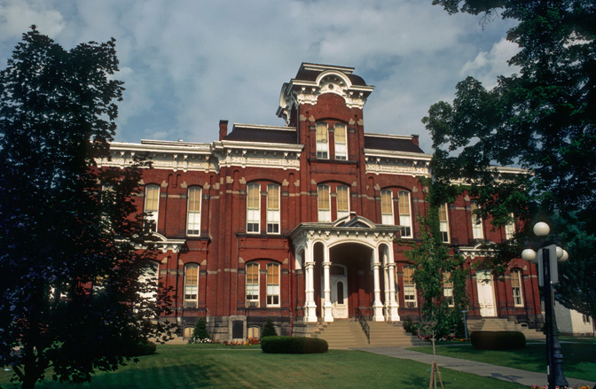 Wayne County Courthouse in Honesdale Pennsylvania in the Pocono Mountains across from Central Park has spectacular Second Empire architecture